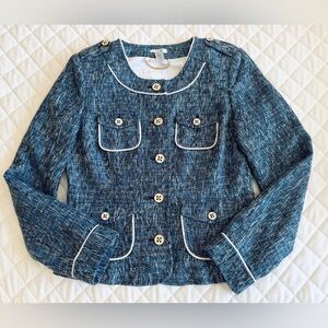 Cache Womens Multi Pocket Jacket Size 8 Blue Metallic Woven Tweed Blend Blazer
